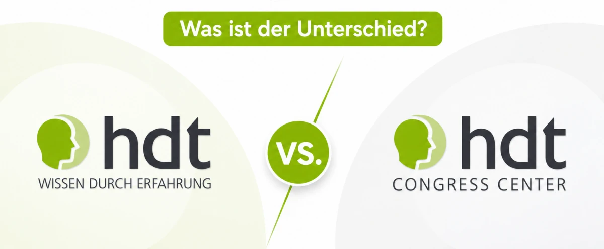 Grafik zum Vergleich von Haus der Technik und hdt Congress Center mit den beiden Logos und dem Titel „Haus der Technik und hdt Congress Center: Was ist der Unterschied?“