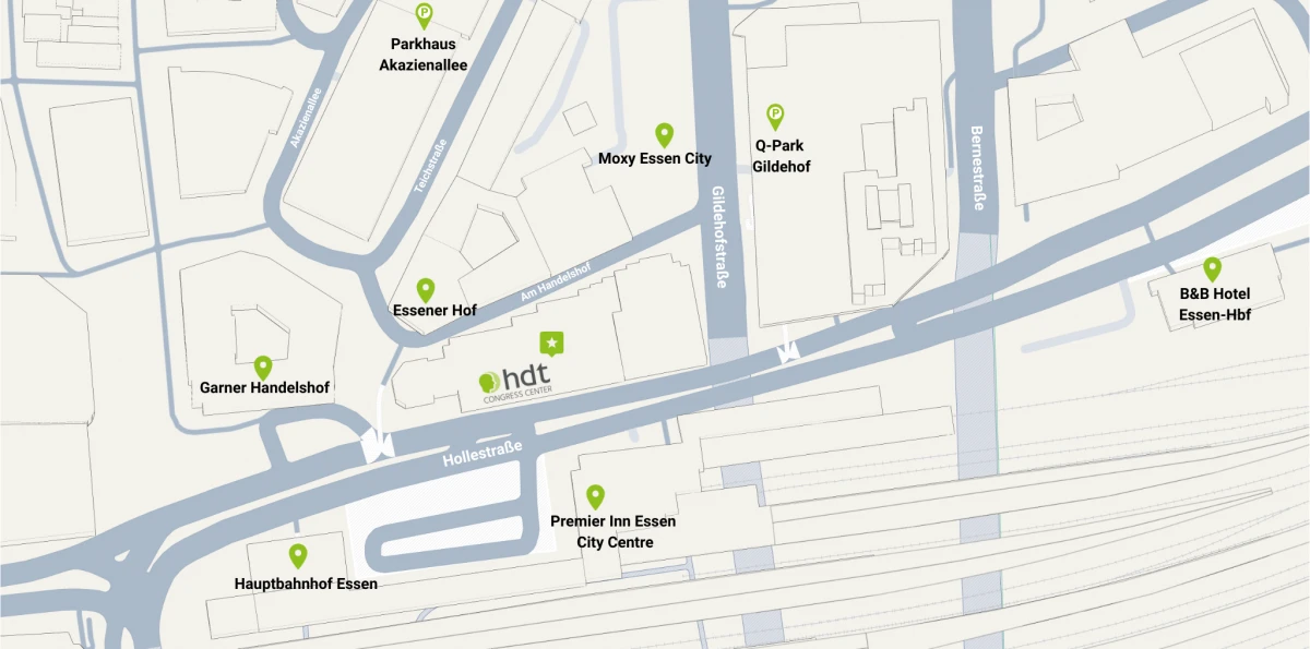 Anfahrtskizze zum HDT Congress Center Essen mit umliegenden Hotels wie Essener Hof, Premier Inn, B&B Hotel und Parkmöglichkeiten